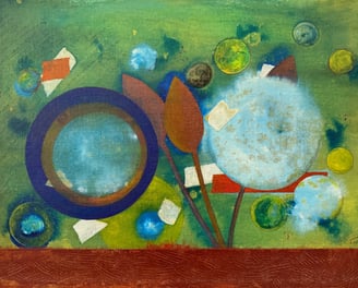 Titled: Dandelions - Abstract Multimedia painting in Blues, Browns, and Greens.