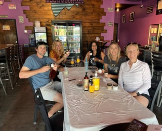 a group of people sitting at a table with drinks