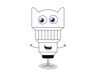mascotte en forme d'objectif photo contente