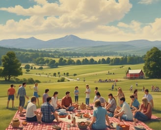 A family of four poses for a portrait outdoors, framed by a dark, rectangular opening. The setting is within a forest, with trees visible in the background. The family looks content and close-knit, with the parents and two children all focusing on the camera.
