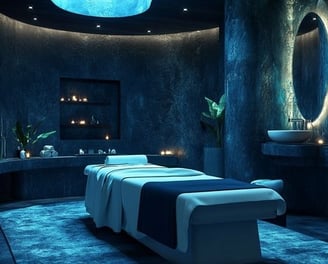a spa room with a skylight and candles