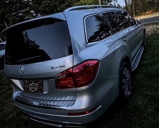 Silver Mercedes-Benz Bluetec SUV parked on a tree-lined driveway at dusk, showcasing perfection