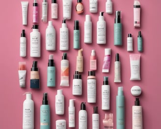 A collection of health supplement products is arranged against a pink backdrop. The items include bottles and containers labeled Diabet Gran Plus, Feno Gran Plus, Magne-Gran, and Gran Psyllium. A sprig of pink flowers in a glass vase adds a touch of nature to the composition.