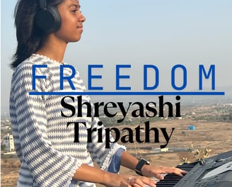 Shreyashi Tripathy, Indian pianist and composer, featured on the empowering album cover of 'Freedom'
