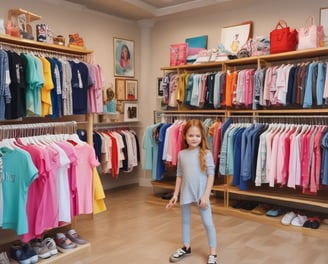 A clothing store interior with racks of colorful garments and accessories. Two people are browsing through clothing. The store is well-lit, with mannequins displaying outfits and shelves stocked with bags.