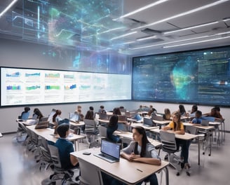 a classroom with a large screen displaying a presentation