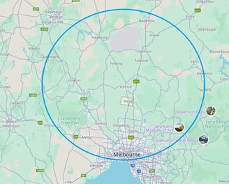 Map of the stage of Victoria circling the operating area of our mobile woodfire pizza oven