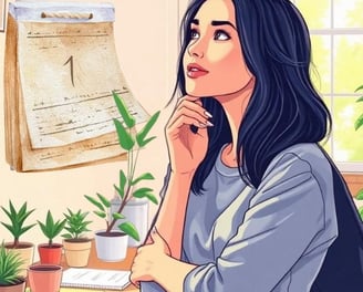 a woman sitting at a desk with a plant in front of her