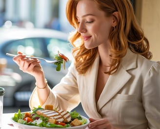 a woman sitting at a table with a salad