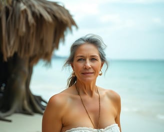 a woman in a white dress standing on a beach