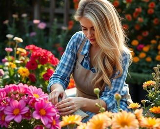 a woman in a apron is looking at flowers