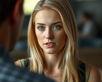 a woman with blonde hair and blue eyes is looking at the camera