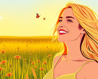 a woman in a yellow dress standing in a field