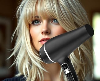 a woman with blonde hair and a hair dryer