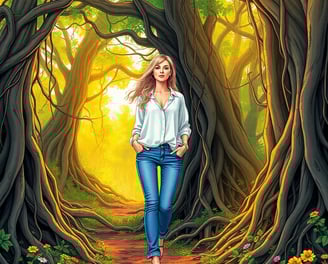 a woman walking through a forest with a path leading to a path