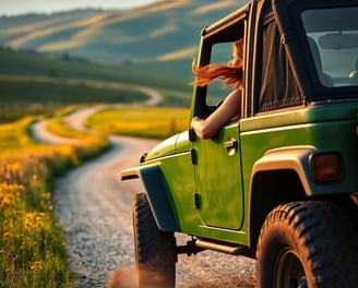 a person driving a jeep on a dirt road