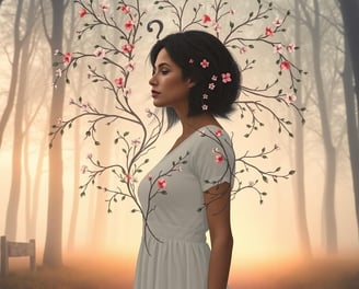 a woman in a white dress with a tree in the background