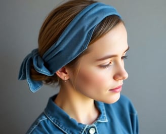 a woman wearing a blue denim headband