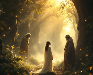 a group of people standing in a forest