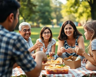 a group of people sitting around a picnic table