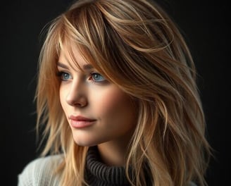 woman with brown hair and Butterfly Bangs