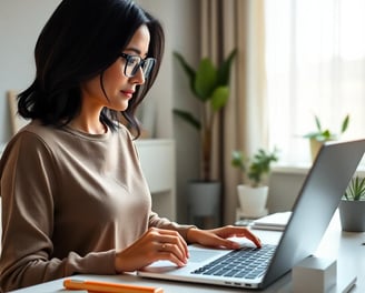 a woman in glasses and a brown sweater is typing on a laptop