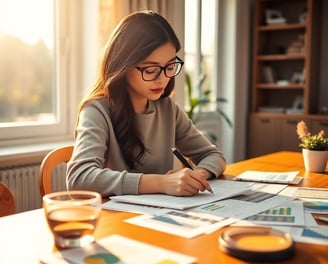 a woman sitting at a table with a cup of coffee and papers
