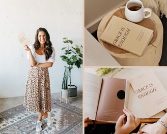 Woman holding the book titled Grace is Enough
