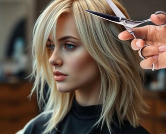 a woman is getting her hair cut