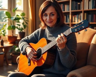 a woman sitting on a couch playing guitar