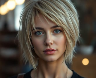 Woman with a short blonde shag haircut