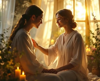 a woman in a white robe is sitting on a bed