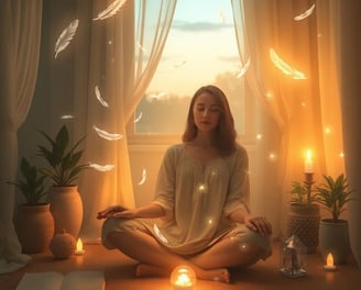 a woman sitting in a meditation position with candles and candles