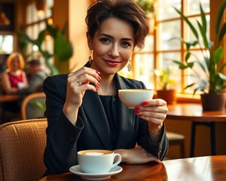 a woman in a black jacket and red nails holding a cup of coffee