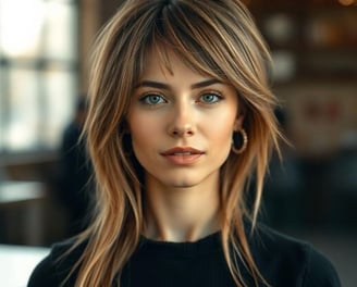 a woman with a very long hair and blue eyes