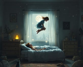 a girl jumping in the air in a bed