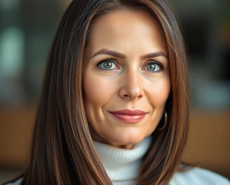 a woman with a white shirt and straight brown hair