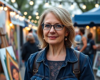 a woman in glasses and a denim jacket at an art festival