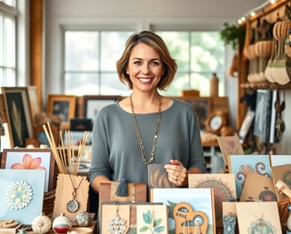 a woman standing in front of a table with a lot of art work