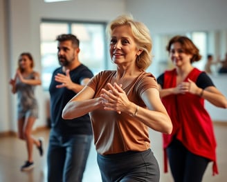 a woman in a brown shirt and jeans dancing with a man in a red shirt