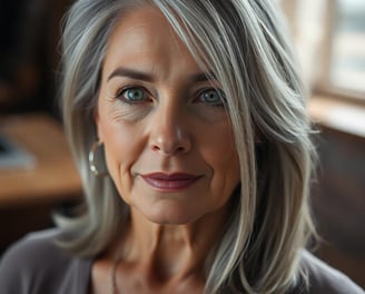 a woman with a gray hair and a necklace