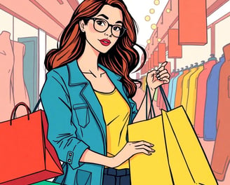 a woman in glasses and a blue jacket is holding shopping bags