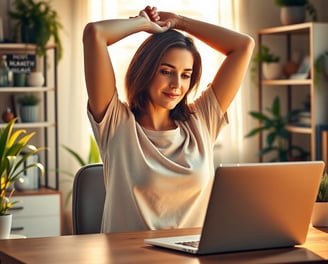 a woman sitting at a desk stretching