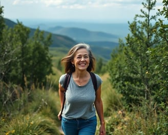 a woman walking down a path with a backpack