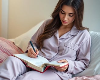 woman writing in a journal while wearing pajamas