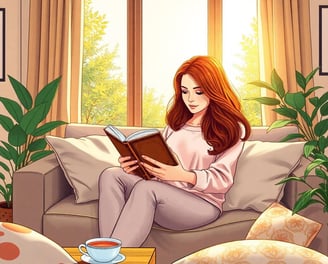 a woman reading a book on the couch