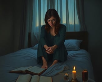 a woman sitting on a bed with a book and candles