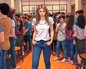 a woman standing in a room with a bunch of people