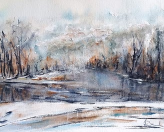 Peinture aquarelle paysage avec un cours d'eau gelé