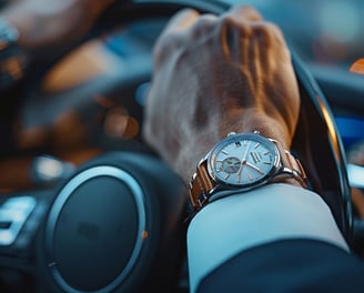 Um close-up da mão de um empresário segurando o volante de um carro de luxo